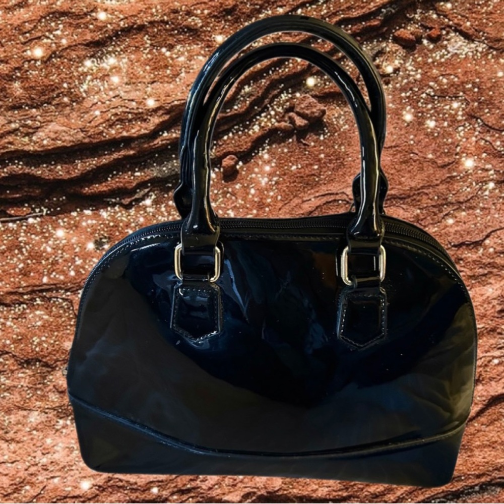 Black faux patent leather dome satchel bag